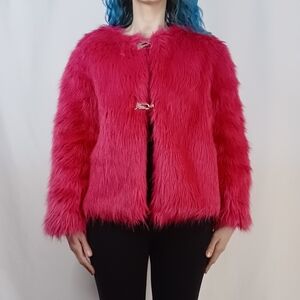Bright Pink Long Haired Faux Fur Coat with Purple Satin Lining.